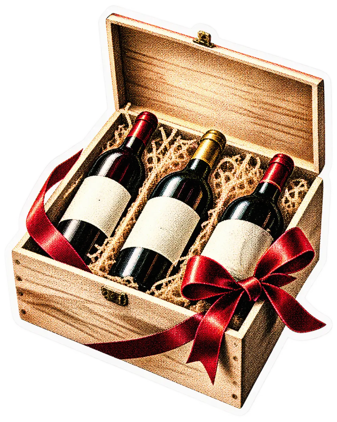 Coffret en bois composé de trois bouteilles et fermé par un ruban rouge.